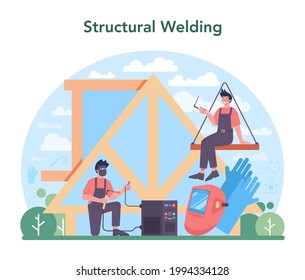 Welder and welding service concept set. Professional welder in protective mask and gloves. Man in uniform welding metal pipe and construction made of steel. Flat vector illustration