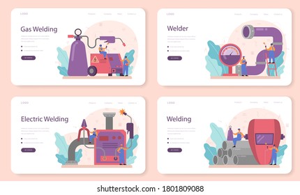 Banner web o página de inicio del concepto de servicio de soldadura y soldadura. Soldador profesional con máscara protectora y guantes. Hombre con tubería de metal de soldadura uniforme y construcción. Ilustración del vector
