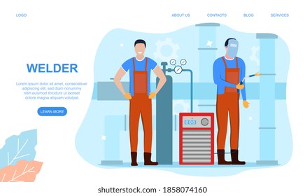 Welder and welding service concept web banner or landing page. Professional welder in protective mask and gloves. Man in uniform welding metal pipe and construction. Flat vector illustration