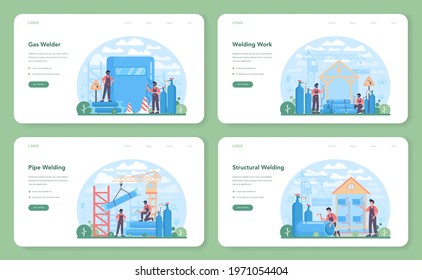 Welder and welding service concept web banner or landing page set. Professional welder in protective mask and gloves. Man in uniform welding metal pipe and construction. Vector illustration