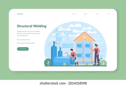Welder and welding service concept web banner or landing page. Professional welder in protective mask and gloves. Man in uniform welding metal pipe and construction. Vector illustration