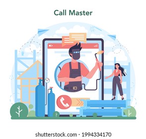 Welder and welding service online service or platform. Professional welder in protective mask and gloves. Man welding metal pipe and construction. Online master call. Vector flat illustration