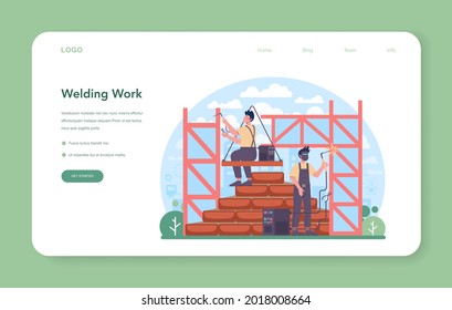 Welder and welding service web banner or landing page. Professional welder in protective mask and gloves. Man in uniform welding metal pipe and construction made of steel. Flat vector illustration