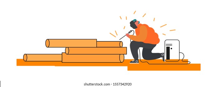 Welder Welding Steel Piping In Industrial Automotive Factory. Metal Industry Worker In Protection Mask And Uniform Welding Steel Or Iron Pipe. Metallurgy Processing. Cartoon Flat Vector Illustration