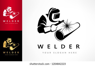 Welder Welds A Pipe In Welding Mask Logo Vector