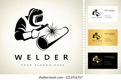 Welder Welds A Pipe In Welding Mask Logo Vector