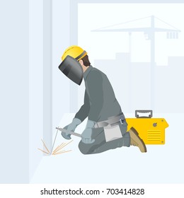 Welder at work Figure in overalls. Construction site Vector illustration.