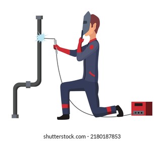 Welder at work. Man repairs. Young guy in work clothes. Worker in protective mask and gloves. Welding equipment