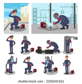 Welder Worker Character in Protective Helmet and Uniform Welding Pipeline Big Vector Set