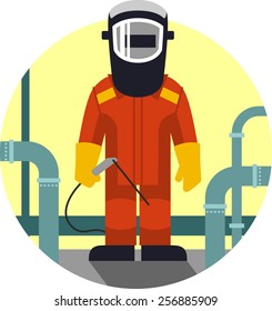 Welder worker man in protective mask in flat style