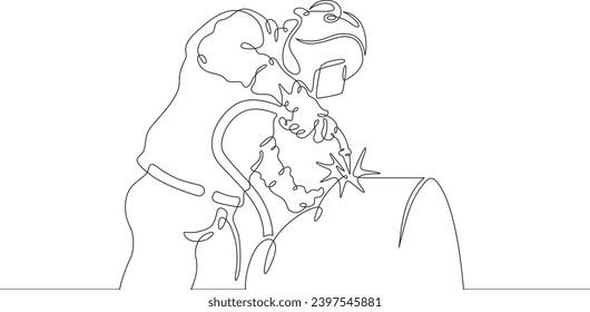 Welder worker. Welding metals at a construction site. Specialist welder in work clothes. One continuous line drawing. Linear. Hand drawn, white background. One line.