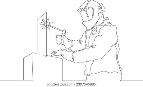 Welder worker. Welding metals at a construction site. Specialist welder in work clothes. One continuous line drawing. Linear. Hand drawn, white background. One line.