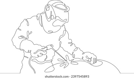 Welder worker. Welding metals at a construction site. Specialist welder in work clothes. One continuous line drawing. Linear. Hand drawn, white background. One line.