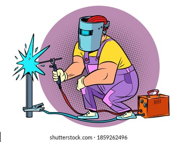 Welder. Worker welds the material. Construction and renovation. Comics caricature illustration drawing