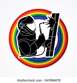Welder working designed on line rainbow graphic vector.
