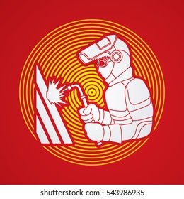 Welder working designed on line circle graphic vector.