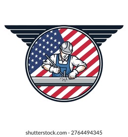 Welder working in front of an american flag emblem