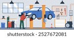 Welder is working. Man patches car with welding, professional in auto repair shop, gas cylinder, sparks, working equipment for repairing automobile, nowaday vector cartoon flat isolated concept