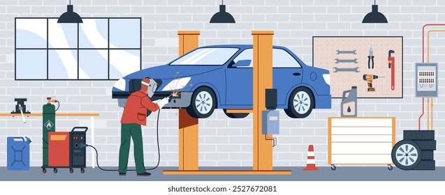 Welder is working. Man patches car with welding, professional in auto repair shop, gas cylinder, sparks, working equipment for repairing automobile, nowaday vector cartoon flat isolated concept