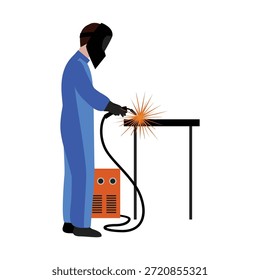 Soldador trabalhando em uma mesa de metal com máquina de solda