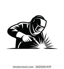 Welder working with protective helmet and welding torch spark