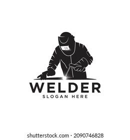 Welder working with weld helmet in badge design style