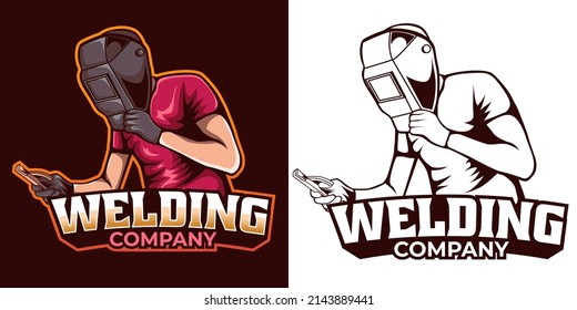 welder working with weld helmet in badge design style