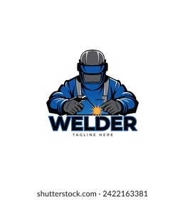 Welder working with weld helmet in badge design style