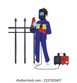 Welder working with welding apparatus, cartoon flat vector illustration isolated on white background. Worker in protective uniform welds metal fence.