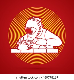 Welder working welding designed on circle light background graphic vector