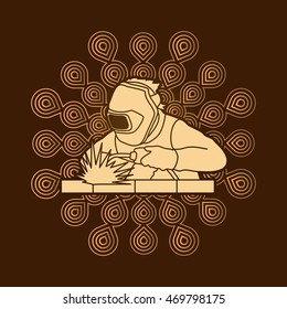 Welder working welding designed on fireworks background graphic vector