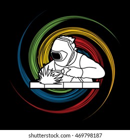 Welder working welding designed on spin wheel background graphic vector