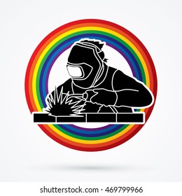 Welder working welding designed on rainbows background graphic vector