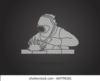 Welder working welding designed using geometric pattern graphic vector