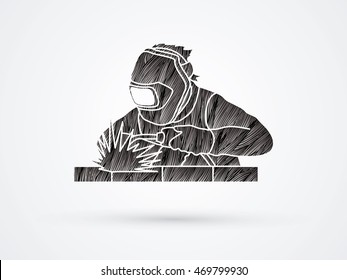 Welder working welding designed using black grunge brush graphic vector