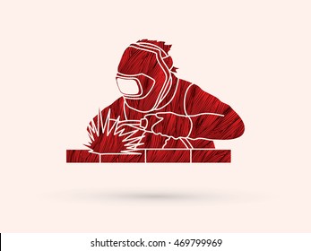 Welder working welding designed using red grunge brush graphic vector