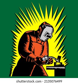 welder working with welding helmet in badge design style with green background
