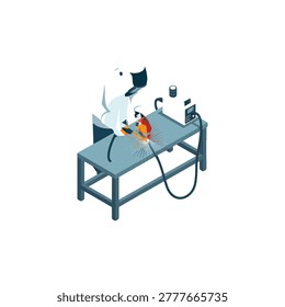 welder working at workbench isometric illustration with sparks