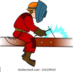 Welder works sitting on the girder