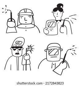 Welders. Four outline icons. 
Hand drawn illustrations on white background.