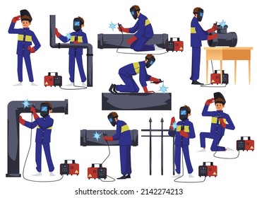 Welders Male Characters Set With Welding Equipment At Work, Cartoon Flat Vector Illustration Isolated On White Background. Welding Professionals Collection.