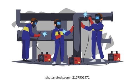 Welders in protective masks working on pipeline, flat cartoon vector illustration isolated on white background. Banner for welding and metallurgical industry.