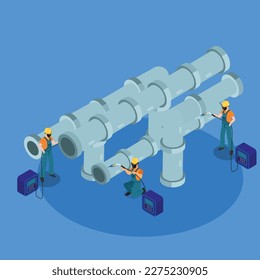 Soldadoras con máscaras protectoras que trabajan en la tubería 3d concepto de ilustración vectorial isométrica para banner, sitio web, página de aterrizaje, anuncios, plantilla de volante