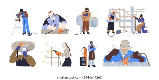 Welders welding metal pipes, steel pipelines. Industrial workers in masks work with iron. Fixing, building, repairing, metalworking set. Flat graphic vector illustrations isolated on white background