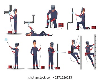 Welders at work. Man repairs. Young guys in work clothes. Workers in protective mask and gloves. Welding equipment. Flat vector set with weldesr in different actions