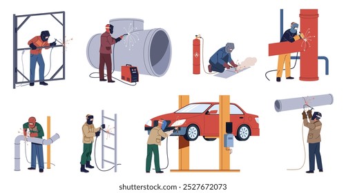 Soldadores no trabalho. Pessoas com máscaras de proteção e luvas soldando estruturas metálicas, reparando carros e tubos de correção. Trabalho de metal profissional hoje em dia vetor desenho animado plano isolado conjunto de ilustração