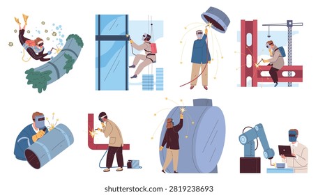 Welders work. Welder worker, metal steel weld construction spark mask gas factory industrial equipment safety repair pipe helmet employee welding man set classy vector illustration