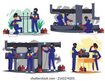 Welders working on a construction site or repairing pipeline and factory equipment with welding machine, flat vector illustrations set isolated on white background.