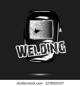 Welding and abstract mask of a welder. Logo welding design template. Grunge style. Black background. Vector illustration