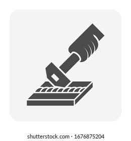 Welding chipping hammer and weld slag removing vector icon. Consist of forged steel, handle, metal plate and weld. Hand tool for welder, machinist, metalworker, blacksmith, fabricator and mechanics.